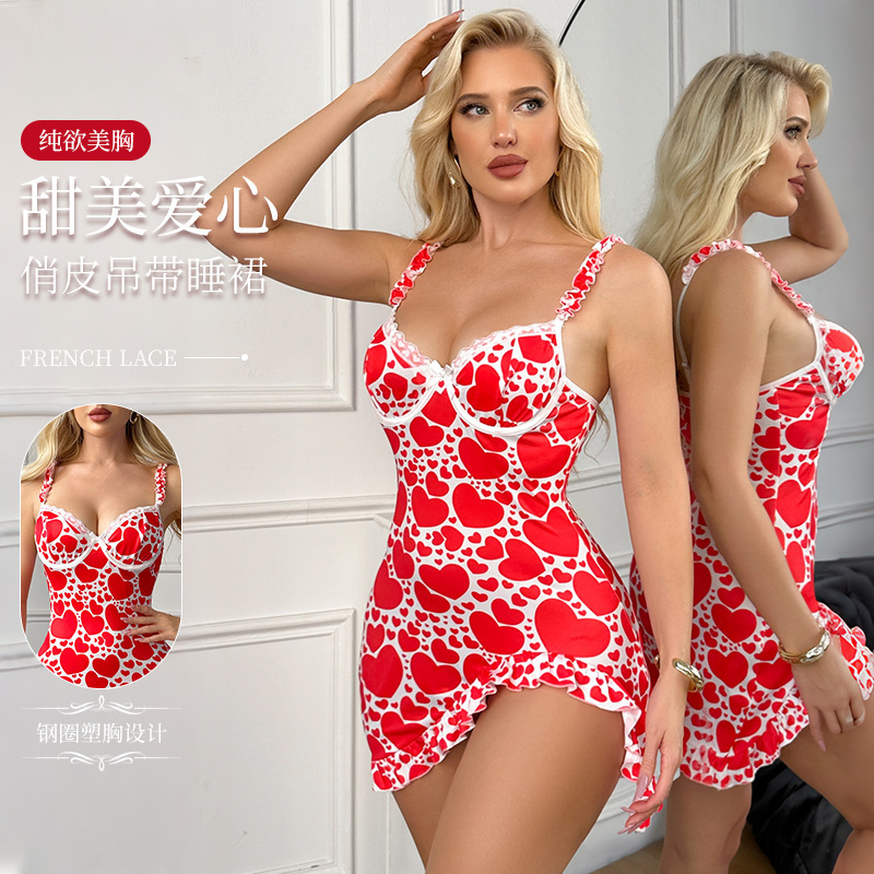 Sweet Heart-Printed Camisole Nightdress, Sexy and Energetic V-Neck Underwire Gathered Irregular Short Dress, Trendy Manufacturer's Skin-Friendly Product