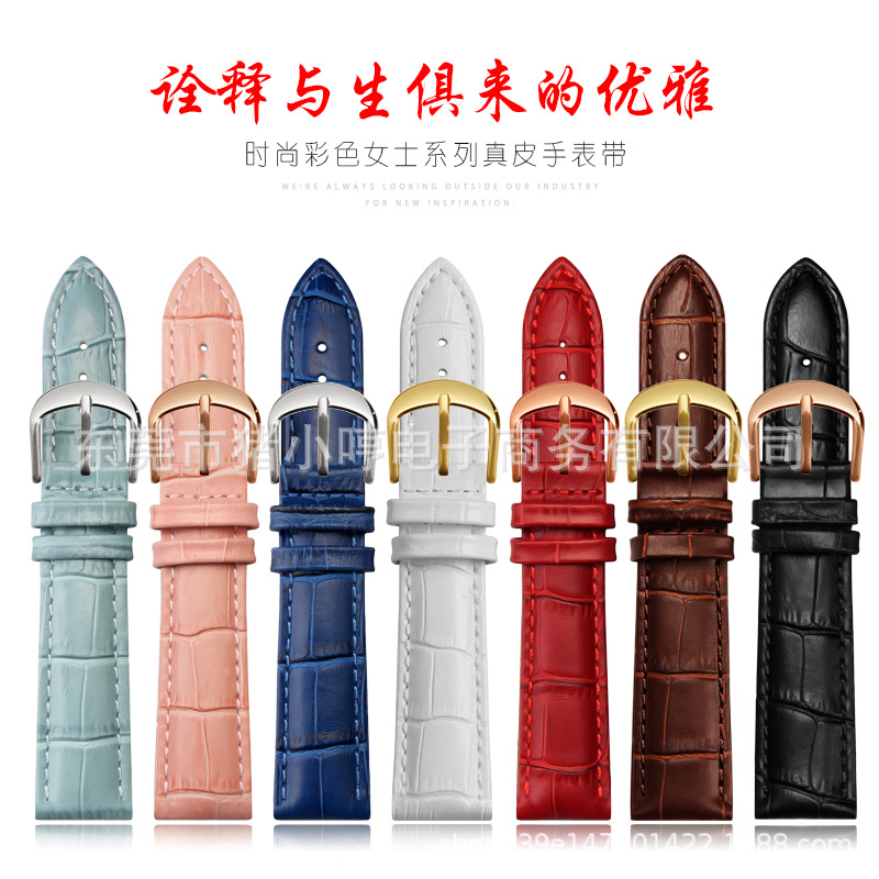 Unisex genuine leather top-grain cowhide watch strap, available in various colors and sizes (10-28mm).