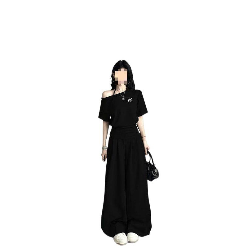 盐系少女感休闲运动套装女夏季灰色一字肩收腰短袖阔腿裤两件套|undefined