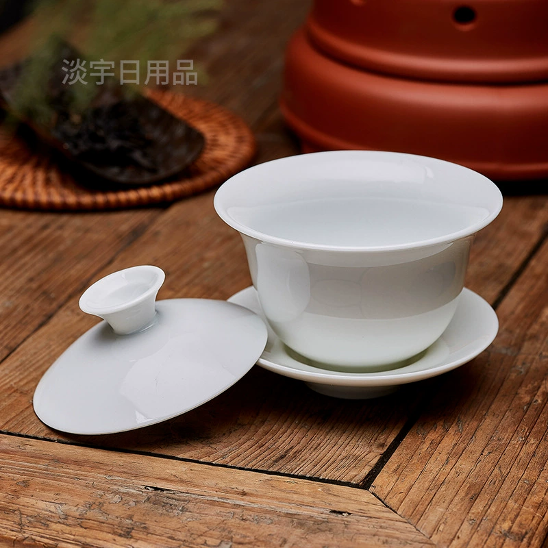 [Activity Free Shipping] Ceramic Tea Site Sancai Bowl Bowl Pure White Bubble Tea Bowl Tea Big Middle Field White Porcelain Home