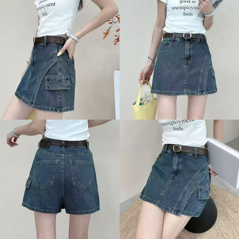 Vintage denim shorts with elastic waist, high-waisted, slimming, faux two-piece, anti-exposure, casual, versatile, irregular skirt-pants combo Vintage denim shorts with elastic waist, high-waisted, slimming, faux two-piece, anti-exposure, casual, versatile, irregular skirt-pants combo
