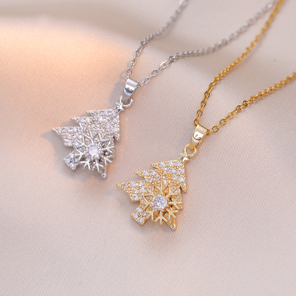 Titanium steel necklace for women rotatable snowflake Christmas tree micro inlaid with diamonds fashionable Christmas hot selling clavicle necklace_voghion.com