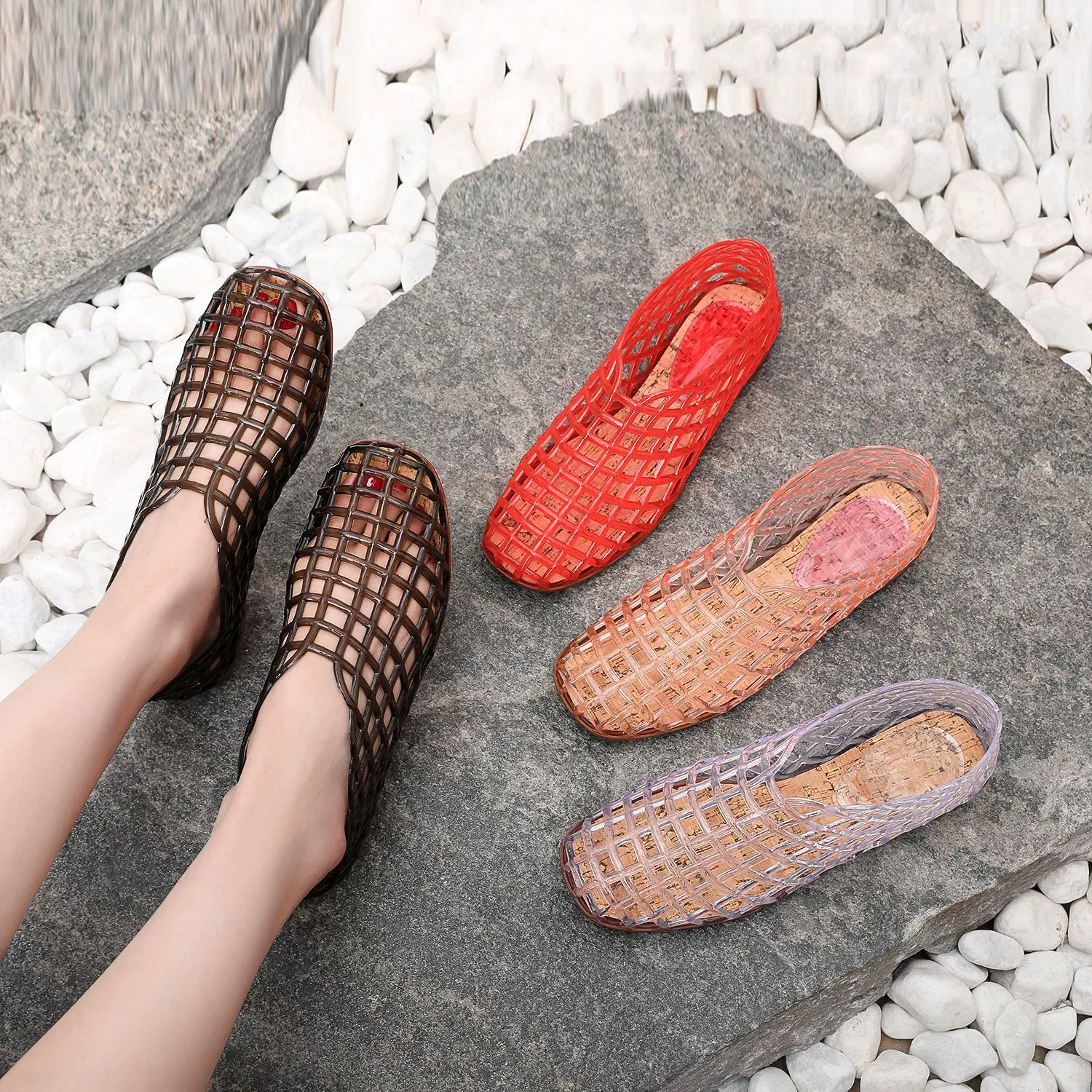 Baotou Croc Shoes, женская летняя модная верхняя одежда, сетчатая обувь, нескользящие пляжные прозрачные сандалии, дышащая римская обувь на плоской подошве