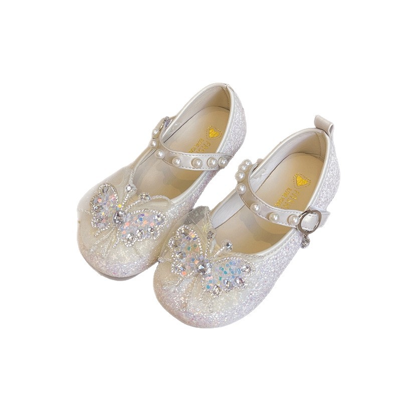 Zapatos de cuero para niñas 2025 nuevos zapatos de princesa con lazo de diamantes de imitación para niños zapatos individuales de moda para niñas zapatos de rendimiento de suela blanda