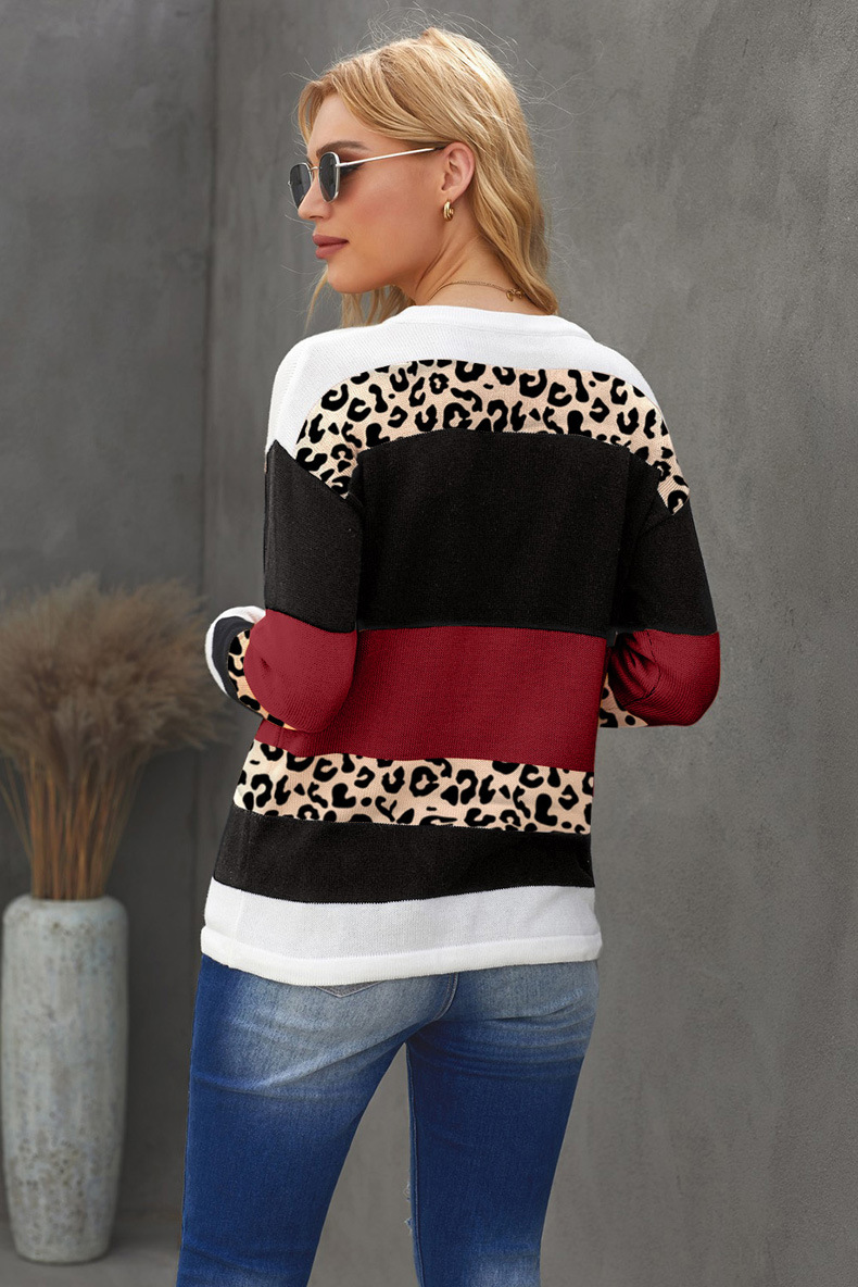 women s leopard print color block long-sleeved round neck sweater nihaostyles clothing wholesale NSQSY78172