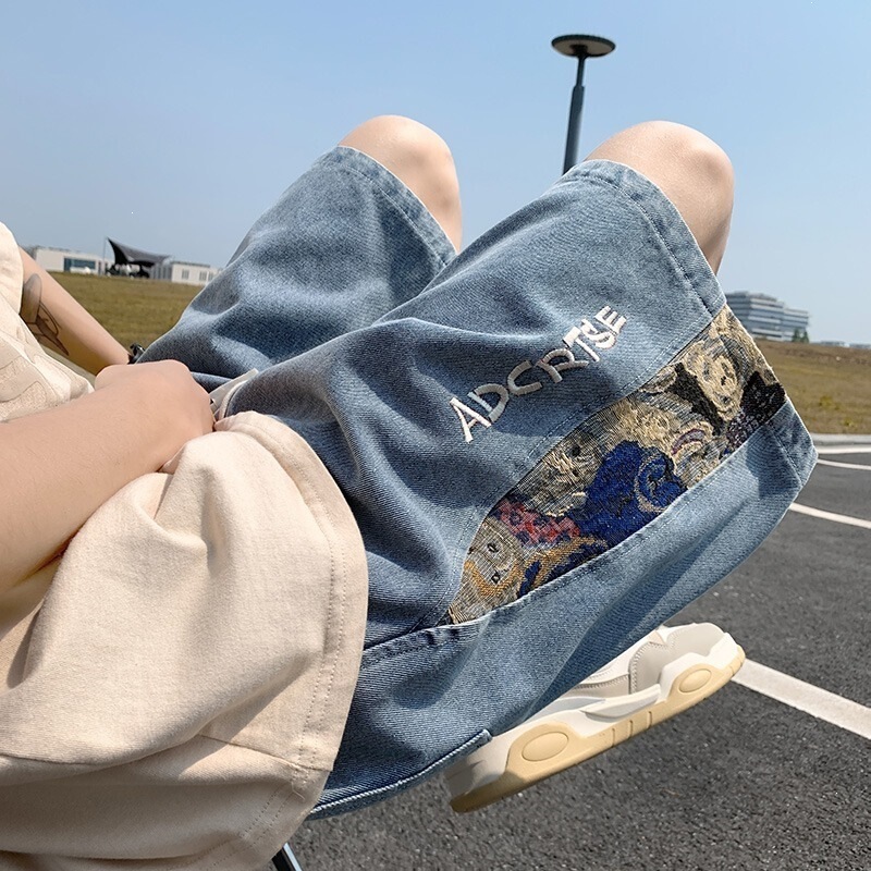 Bear Patchwork Denim Shorts for Men, Summer Thin Loose Fit, Large Size Casual American Retro Trendy Brand Knee-Length Shorts