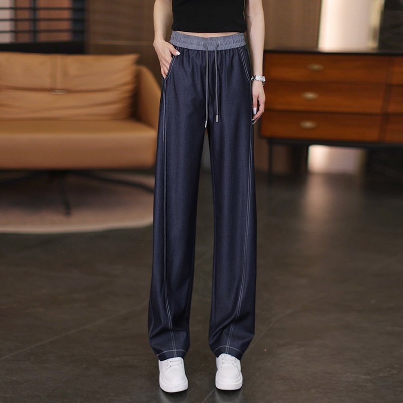 Denim Blue Cropped Straight-Leg Jeans for Women, Summer Thin Style, High-Waisted, Hip-Covering, Slimming, Narrow Wide-Leg Pants