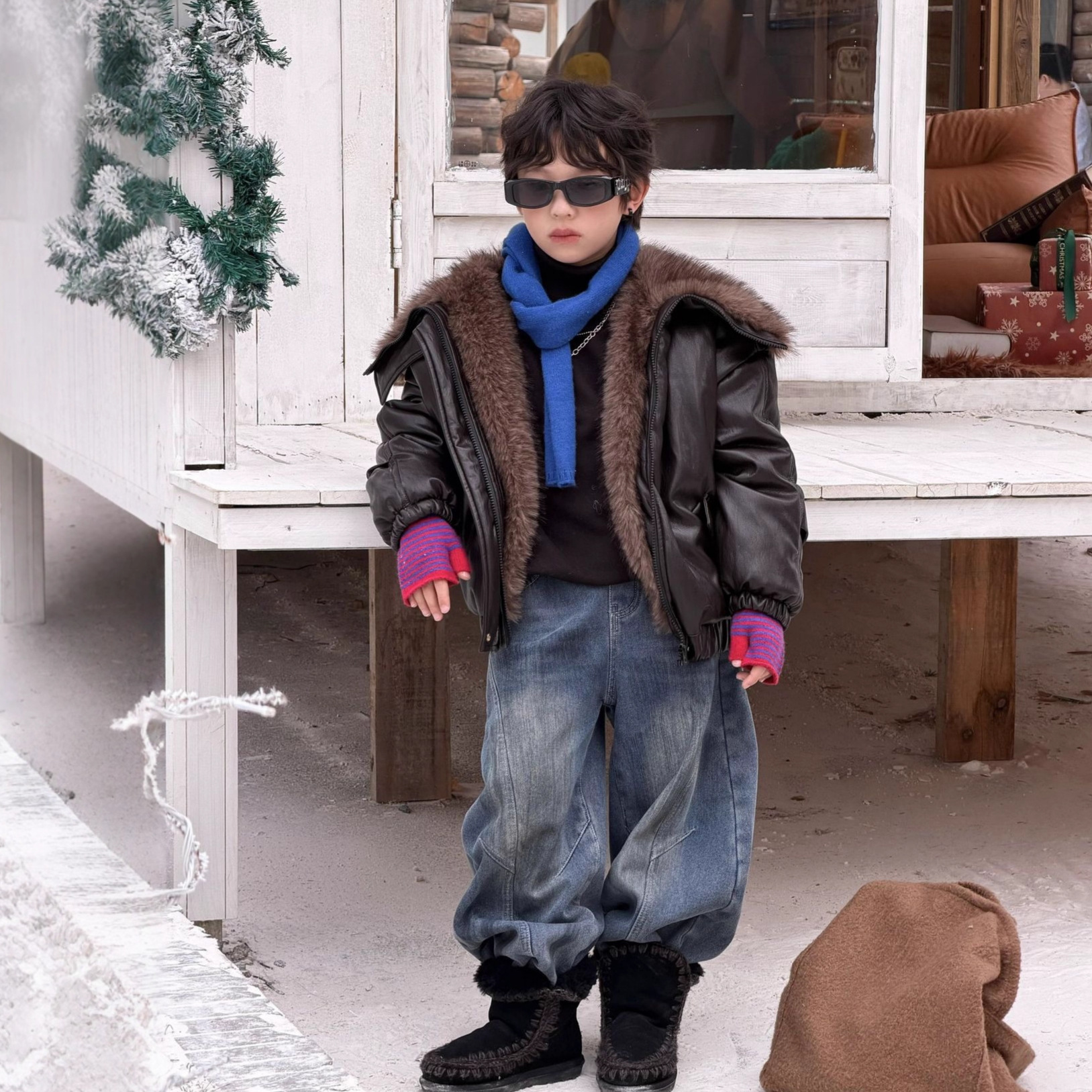 蓝钰25冬新品韩国童装中小童男童超厚大毛领座山雕棉服皮衣外套