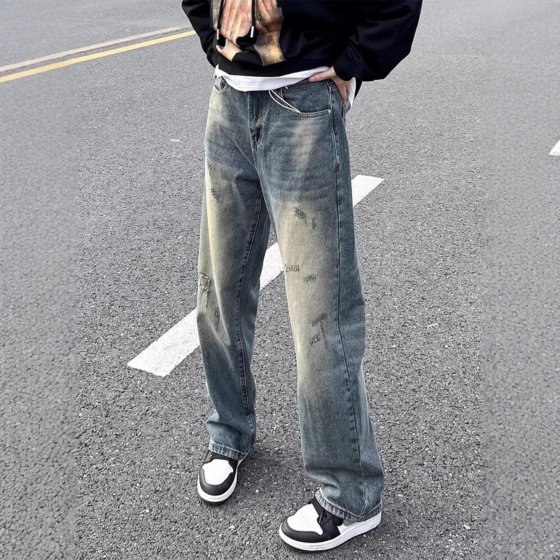 High Street American Style Retro Loose Straight Pants Washed Old Ripped Jeans Men's Ins Trendy Brand Denim Pants
