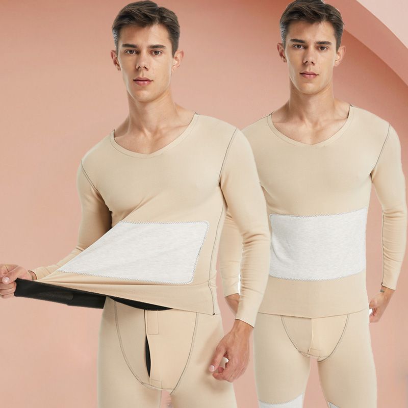 Men's Fleece-Lined Thickened Thermal Patch Underwear Set Wool Complete Set Autumn Clothes and Pants Knee Pads Cold-Proof Acrylic Fiber