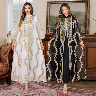 Summer New Heavy-Duty Mesh Embroidered Robe Dubai Party Dress Middle Eastern Long Skirt Muslim Women's Robe