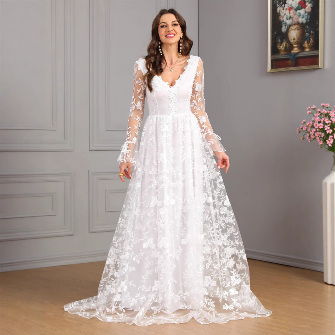 European and American Ins Cross-Border Export Women's Clothing Large Size V Neck Long-Sleeved Sexy Backless White Large Hem Wedding Dress