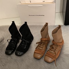 小众设计弹力袜靴女内增高方头系带皮带瘦瘦短靴2025新款春秋单靴