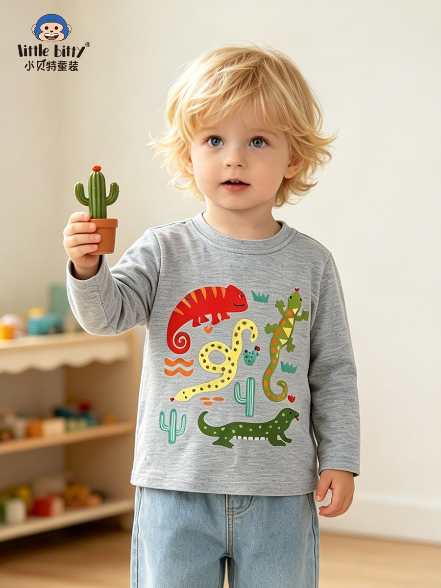 Cross-border 26-year-old children's T-shirt, autumn and winter cartoon lizard animal print, boys' long-sleeve T-shirt, clothing supply