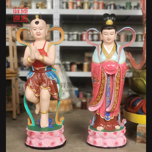 Pure Copper Painted Golden Boy and Girl Buddha Statue Guanyin Bodhisattva Statue Boy and Girl Shanchaotongzi Copper Sculpture Customized with Pictures