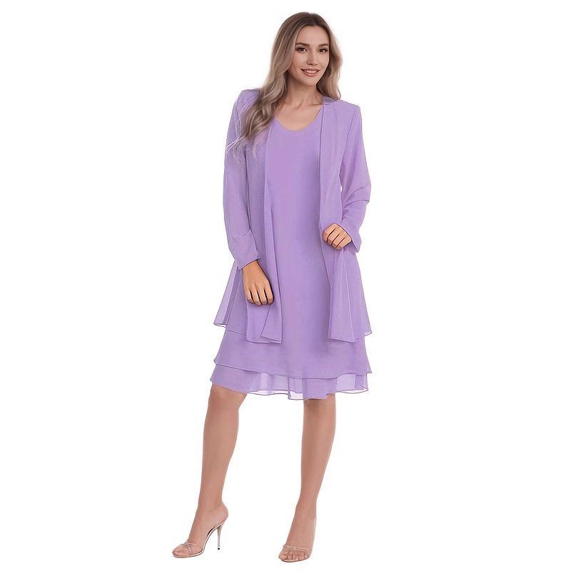 Aliexpress Ebay 2026 Spring New Women's Chiffon Patchwork Long-Sleeve Plus-Size Mid-Length Two-Piece Dress Set