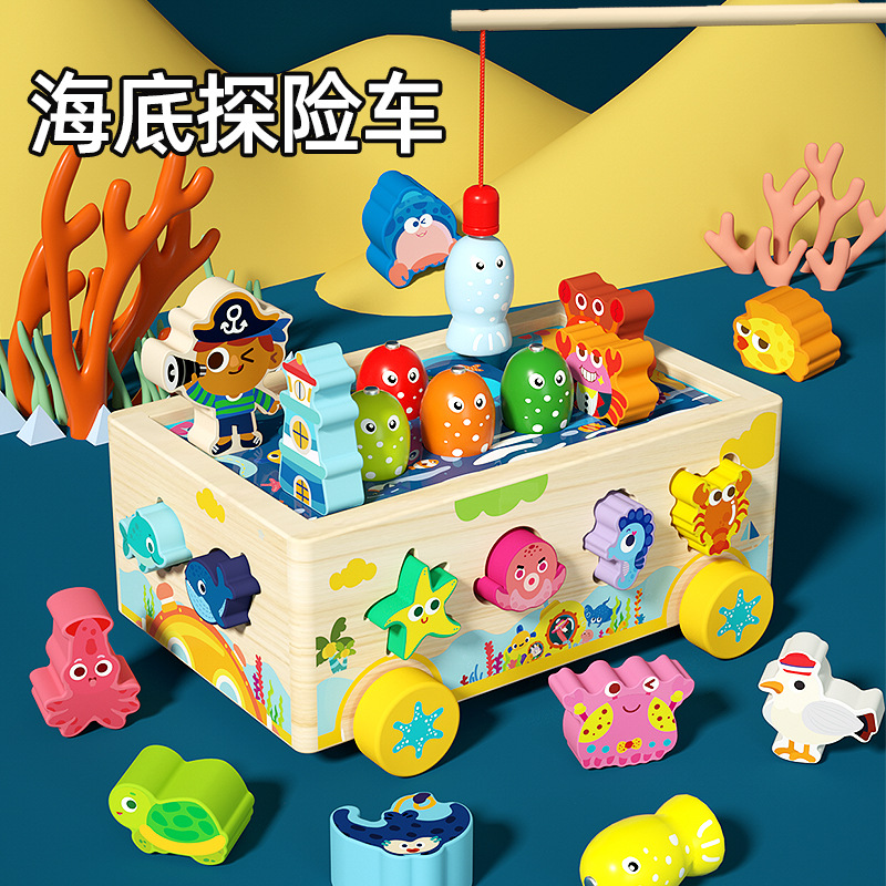 Juguete de pesca magnética de madera con animales marinos para niños