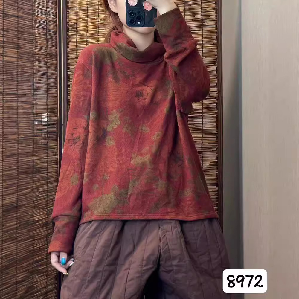 2024 년 가을과 겨울 새로운 예술적 올매치 인쇄 터틀넥 느슨한 긴팔베이스 티셔츠 최고 여성 8972