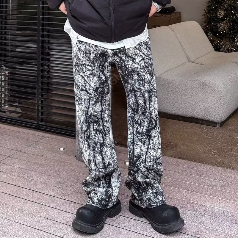 Summer New American-Style Colorful Ink Splash Oil Painting Wide-Leg Jeans for Men Versatile Stylish Trendy Casual Pants