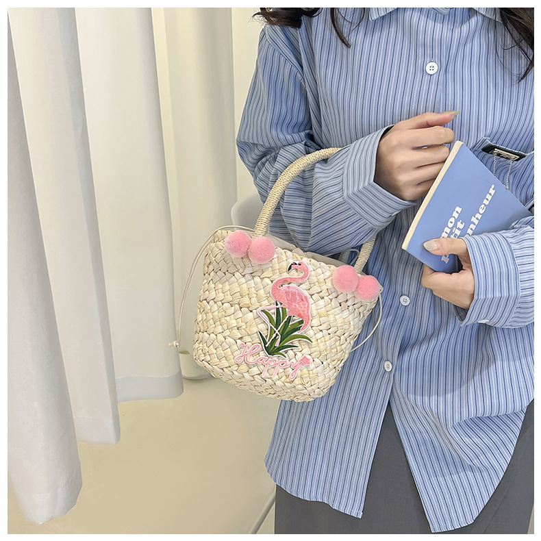 Women's Small Straw Letter Flamingo Flower Vacation Beach Weave Open Straw Bag display picture 19