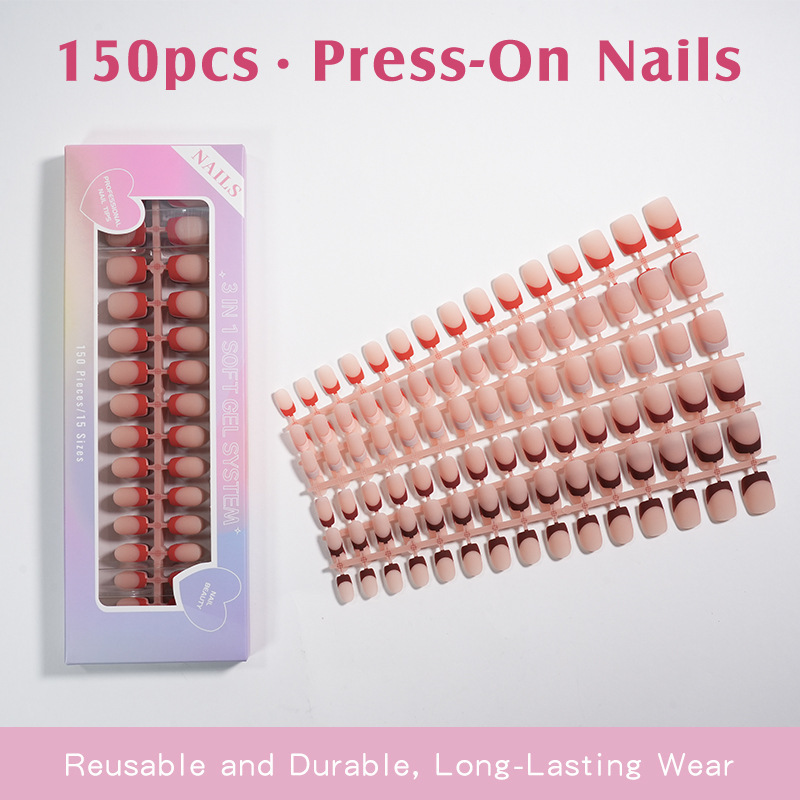150-Piece Boxed Set of Short Press-On Nails, Simple French Style, Popular Cross-Border Nail Stickers, Removable Nail Tips