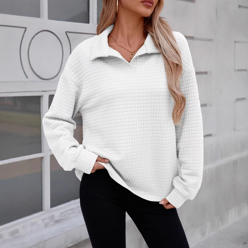 Winter New Pure Color Waffle Lapel Sweatshirt for Women 2025 European and American Casual Versatile Quilted Pullover Knitwear for Women Winter New Pure Color Waffle Lapel Sweatshirt for Women 2025 European and American Casual Versatile Quilted Pullover Knitwear for Women