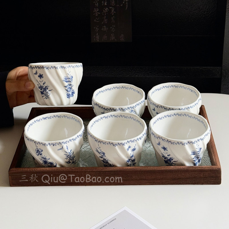 新中式复古青花手握杯陶瓷杯家用客厅待客喝水杯茶杯拿铁杯咖啡杯|undefined