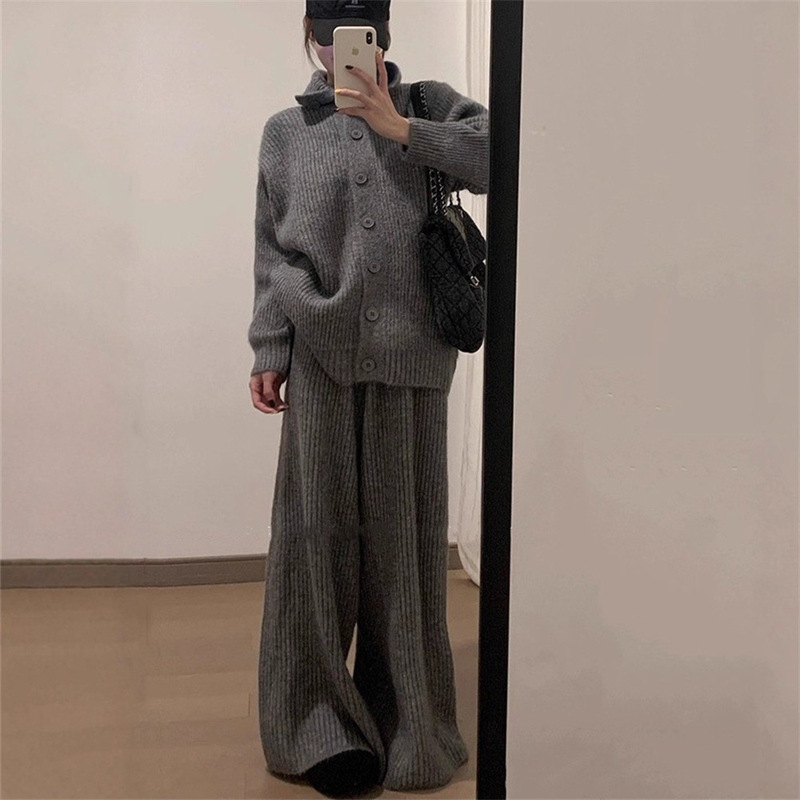 欧美跨境大码翻领毛衣套装女宽松慵懒风休闲针织开衫阔腿裤两件套|undefined