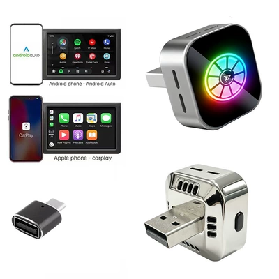 Rgb Colorful Lights Smart Button Wireless Carplay Adapter Android Auto Two-In-One Box Upgraded Version (Simsiz CarPlay və Android Auto) - k15-silver-wheel-icon-lens-adapter