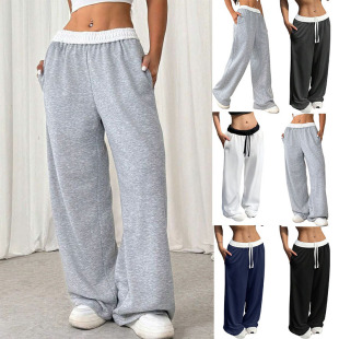 Cross-border color contrast drawstring women's wide-leg casual loose sports pants comfortable European and American personality street spring new women