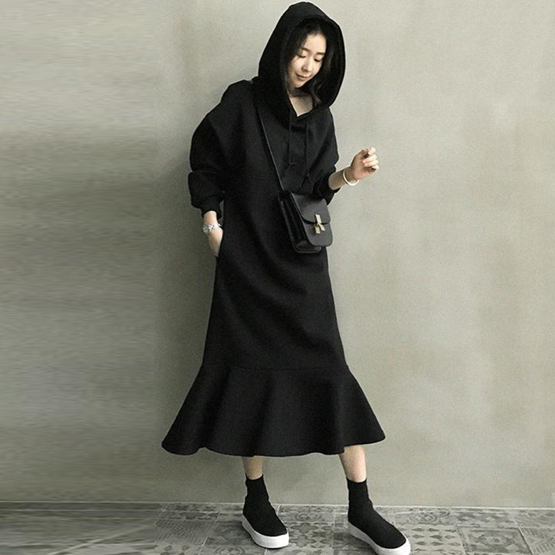 In Stock 2026 Spring New Korean Style Elegant Loose Hooded Sweatshirt Dress Over-The-Knee Fishtail Skirt Dress
