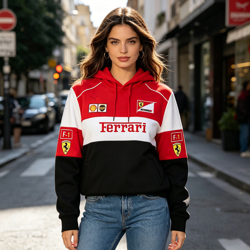 2026 Cross-Border Amazon Hot-Selling Ferrari Racing Style Sweatshirt for Men with Color-Blocking Hooded Jacket Custom-Made