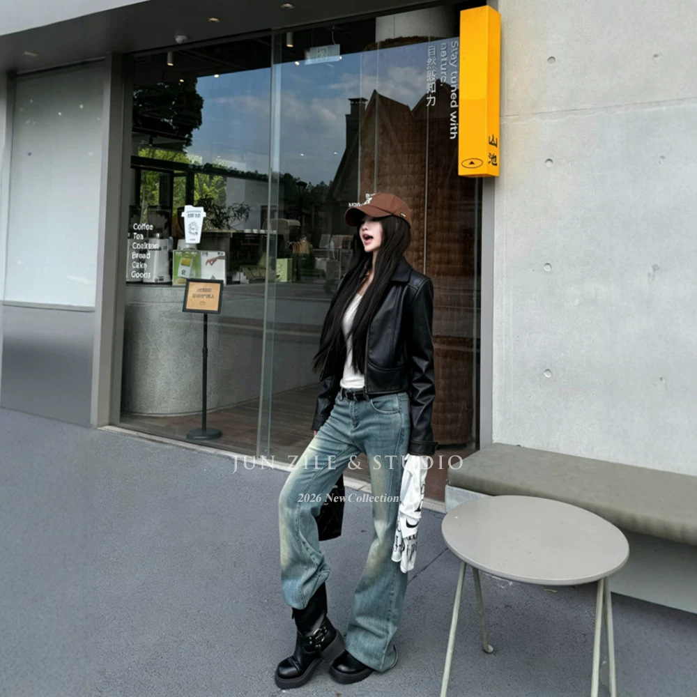 皮衣外套女秋冬新款复古设计感修身百搭翻领短款拉链长袖上衣夹克