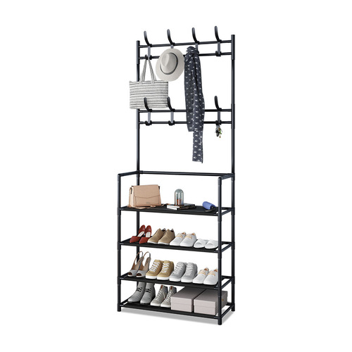 Floor-standing coat and hat rack with integrated shoe and hat storage, plus a versatile storage shelf—perfect for hanging bags and shoes in the living room or bedroom.