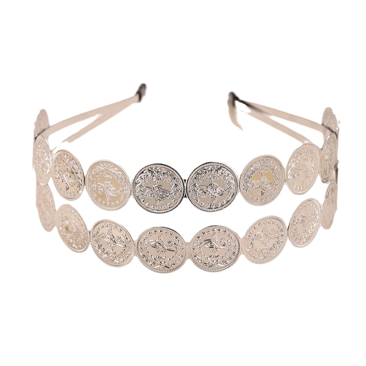 Transfronterizos Europa y América venta caliente personalidad tocadillos de doble capa de monedas redondas bandejas de cabello metal desfile joyas de moda al por mayor mujeres