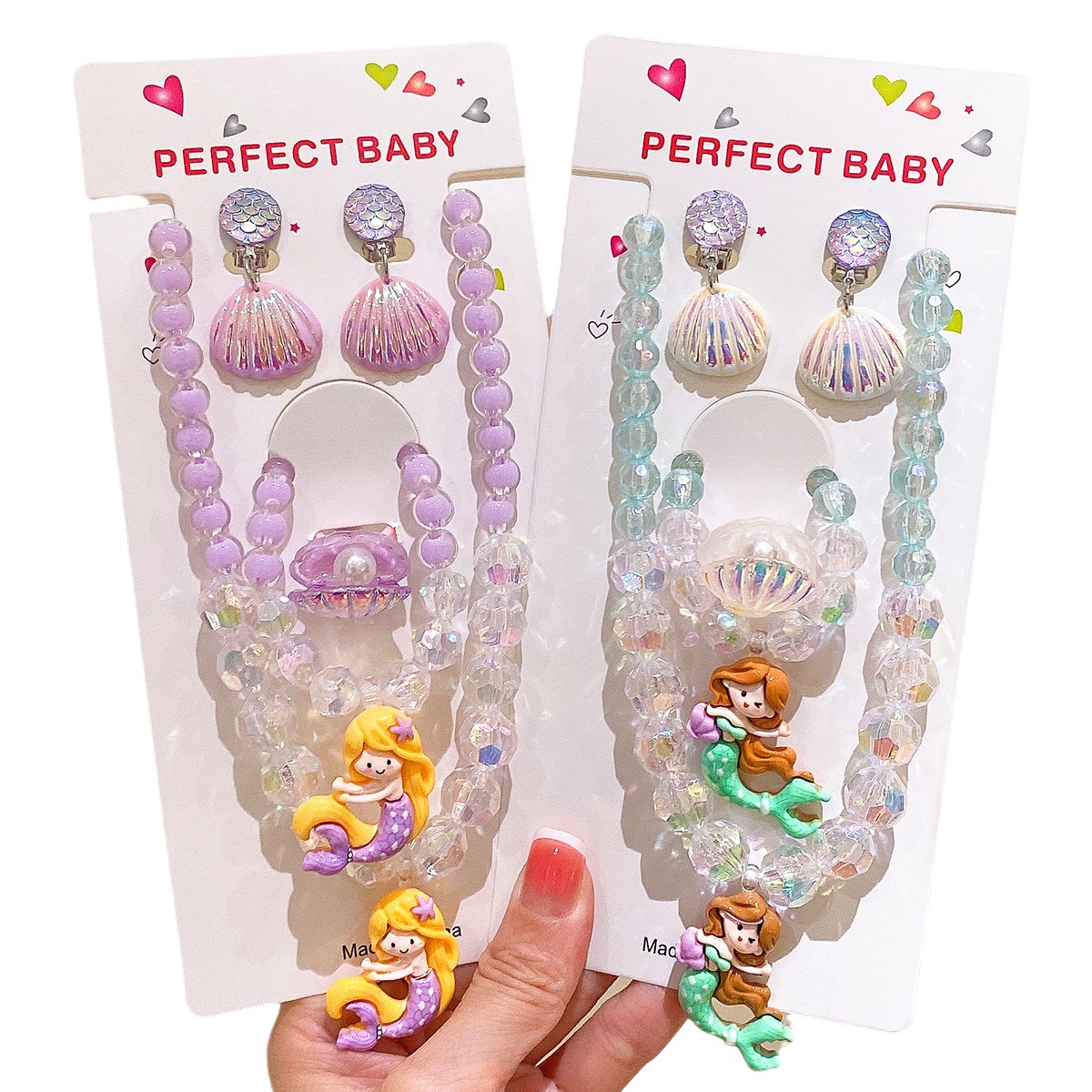 New children's jewelry set cartoon cute mermaid Princess pendant bracelet set birthday gift box in stock