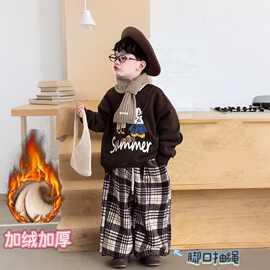 男童春秋儿童加绒卫衣裤子套装女童印花套头上衣格子裤两件套宽松