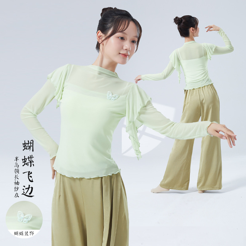 Classical Dance Costume with Fairy-Like Style, Half-High Collar, Butterfly Flutter Sleeves, Mesh Fabric, Adult Elegant Chinese Dance Practice Top Classical Dance Costume with Fairy-Like Style, Half-High Collar, Butterfly Flutter Sleeves, Mesh Fabric, Adult Elegant Chinese Dance Practice Top