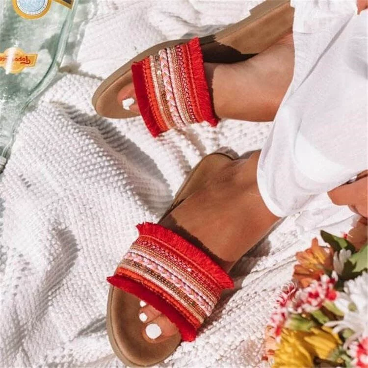 Богемные женские сандалии на плоской подошве с открытым носком, новая летняя модная верхняя одежда, женские тапочки с кисточками, женская обувь большого размера, оптовая продажа