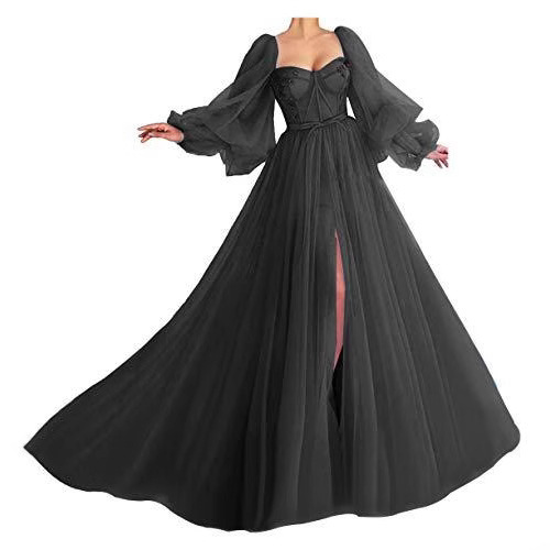 Cross-Border Banquet Evening Dress Amazon Fashion Puff Sleeve Party Dress Tulle Ball Temperament Side Slit Long Skirt