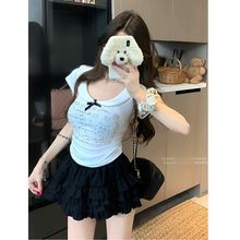 纯欲风白色短袖T恤女夏季新款设计感小众印花修身显瘦娃娃领上衣