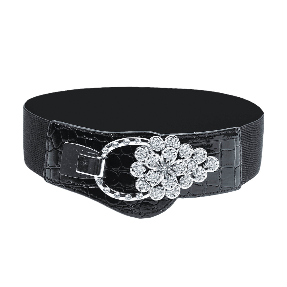 Cintura larga elastica nera alla moda da donna con decorazioni di diamanti, vestito, cappotto, chiusura in vita, strass, ragazza alla moda e paffuta_voghion.com