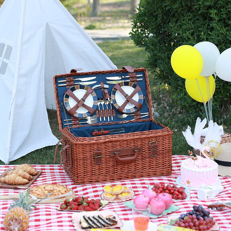 Fábrica spot comercio exterior de alta gama set de canasta de picnic al aire libre de sauce con cubiertos cojín de mesa canasta de picnic