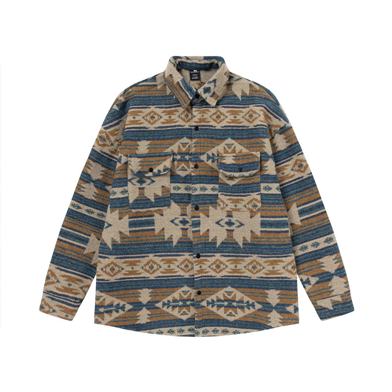 American Style Retro Ethnic Style Thickened Sanding Long-sleeved Shirt Men's Autumn and Winter Loose Casual Couple Clothes Shirt Jacket