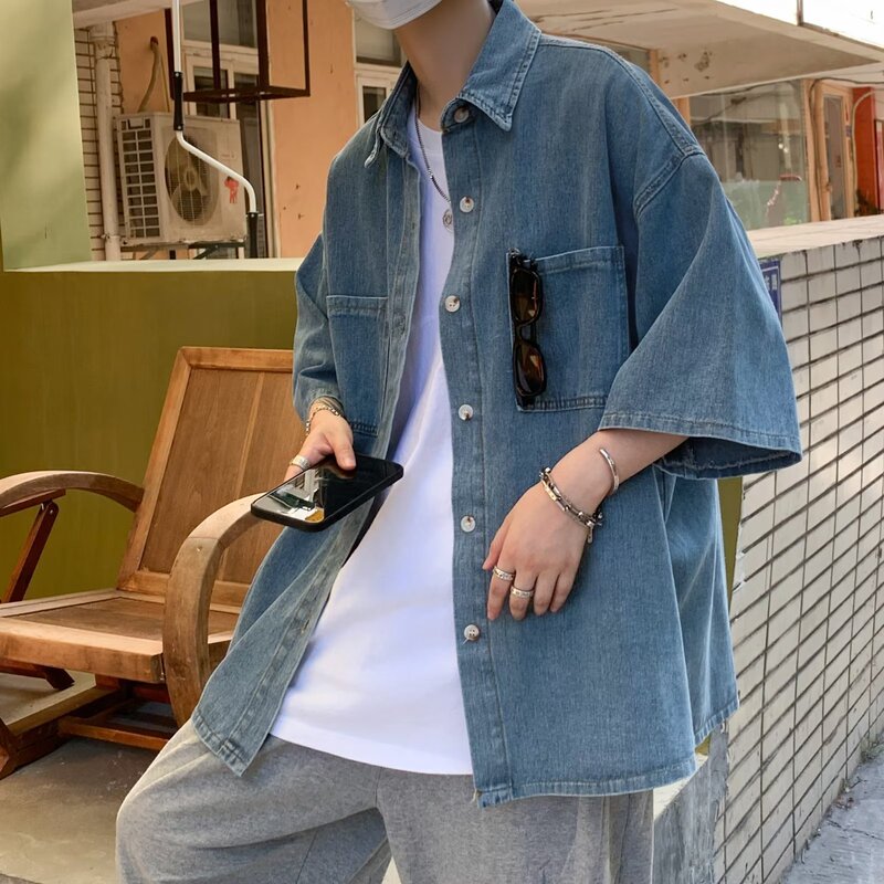 Hong Kong Style Vintage Denim Shirt Men's 2023 Summer New Short Sleeve Shirt Teenagers Loose Casual Crock Jacket