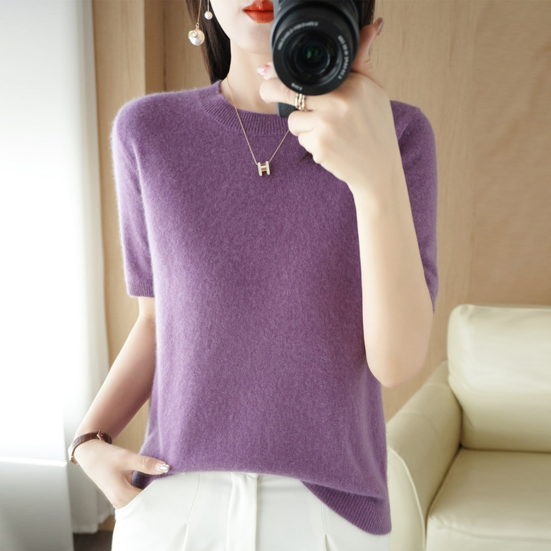 秋のレディーストップスボトリングシャツ半袖Tシャツレディースルーズ半袖セーターレディースセーター薄手2025ラウンドネック|undefined