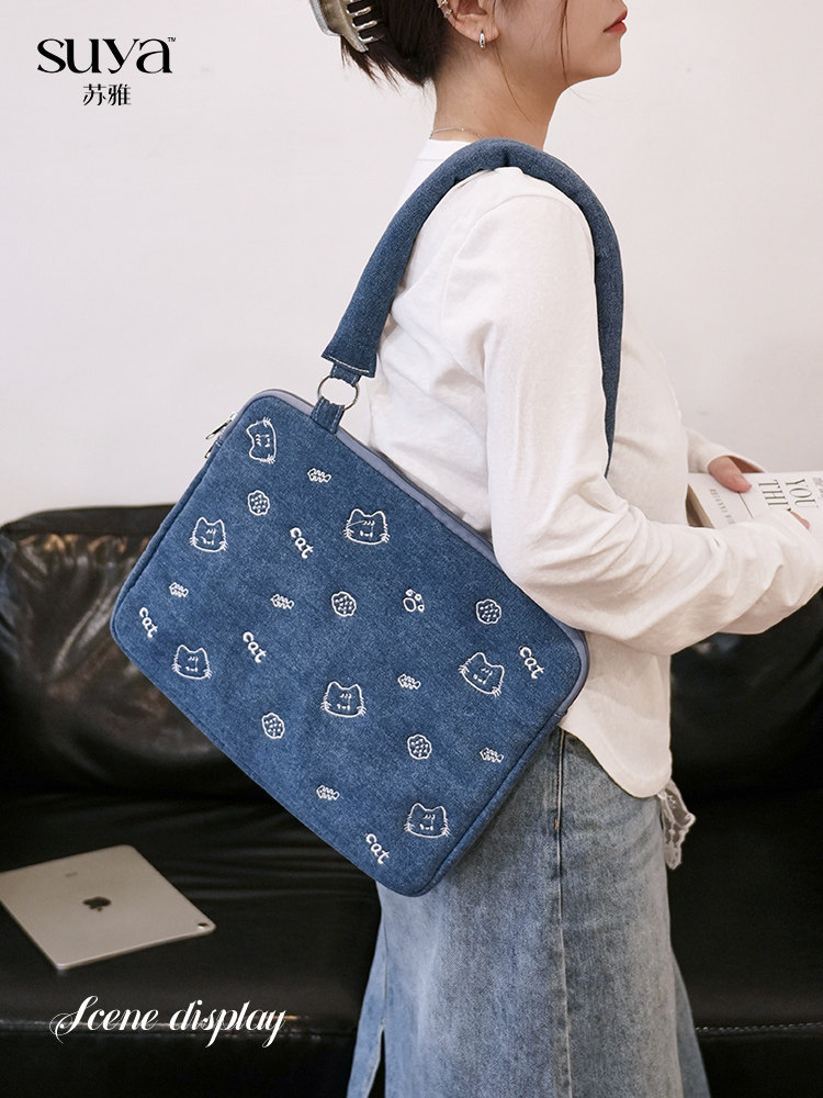 Cute leche de gato bordada bolsa de computadora portátil para estudiantes universitarios un hombro bolsa plana de nube de gran capacidad a prueba de choques