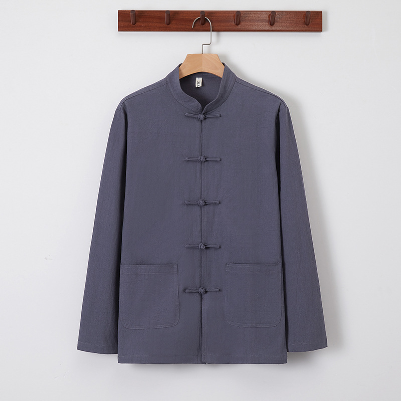 Primavera y otoño Nuevo estilo chino retro para hombres Camisa de lino de estilo chino Camisa de manga larga con hebilla de algodón y lino para hombres con cuello alto Traje Tang image 9