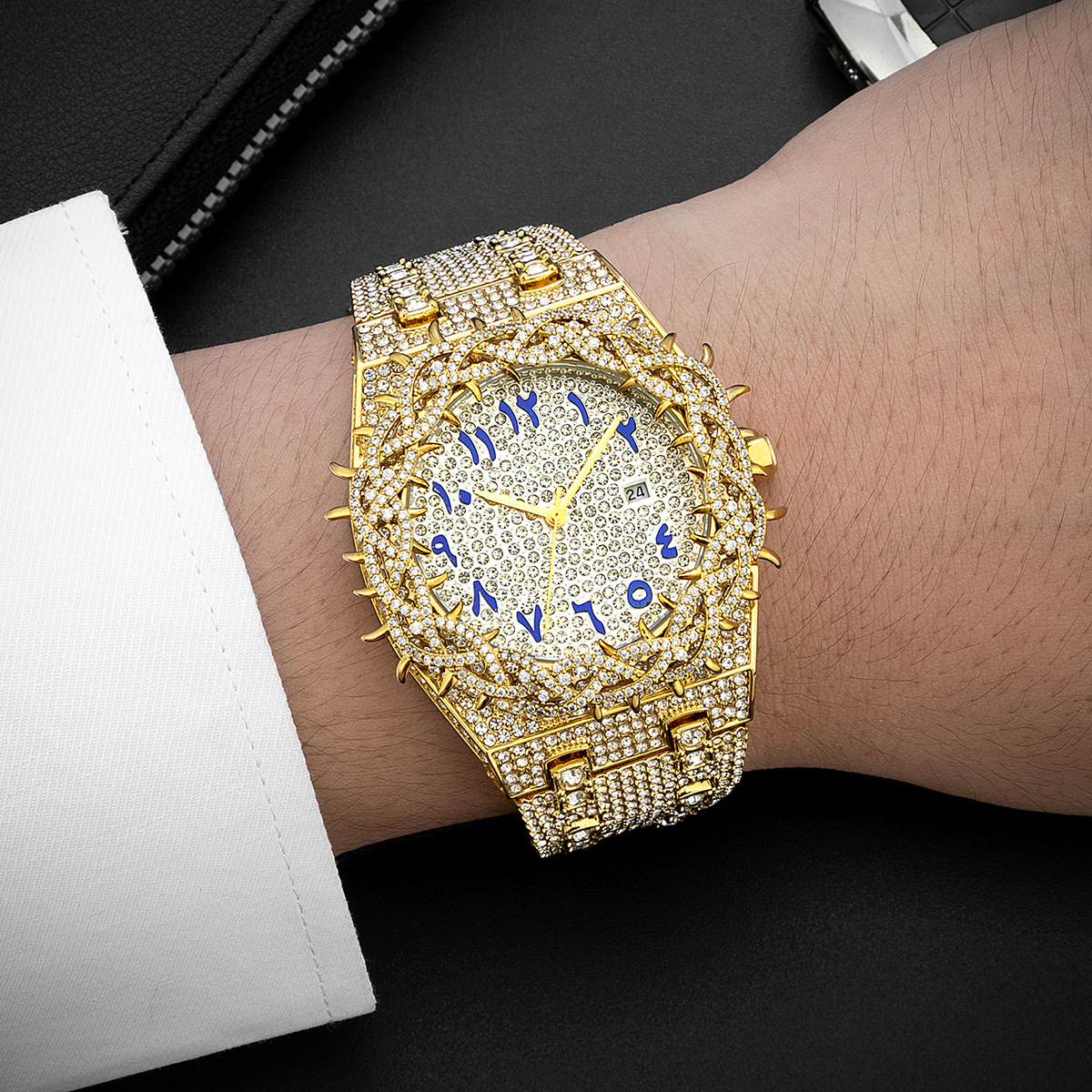 Quartz klocka solros diamant blå arabiska siffror stålband_voghion.com
