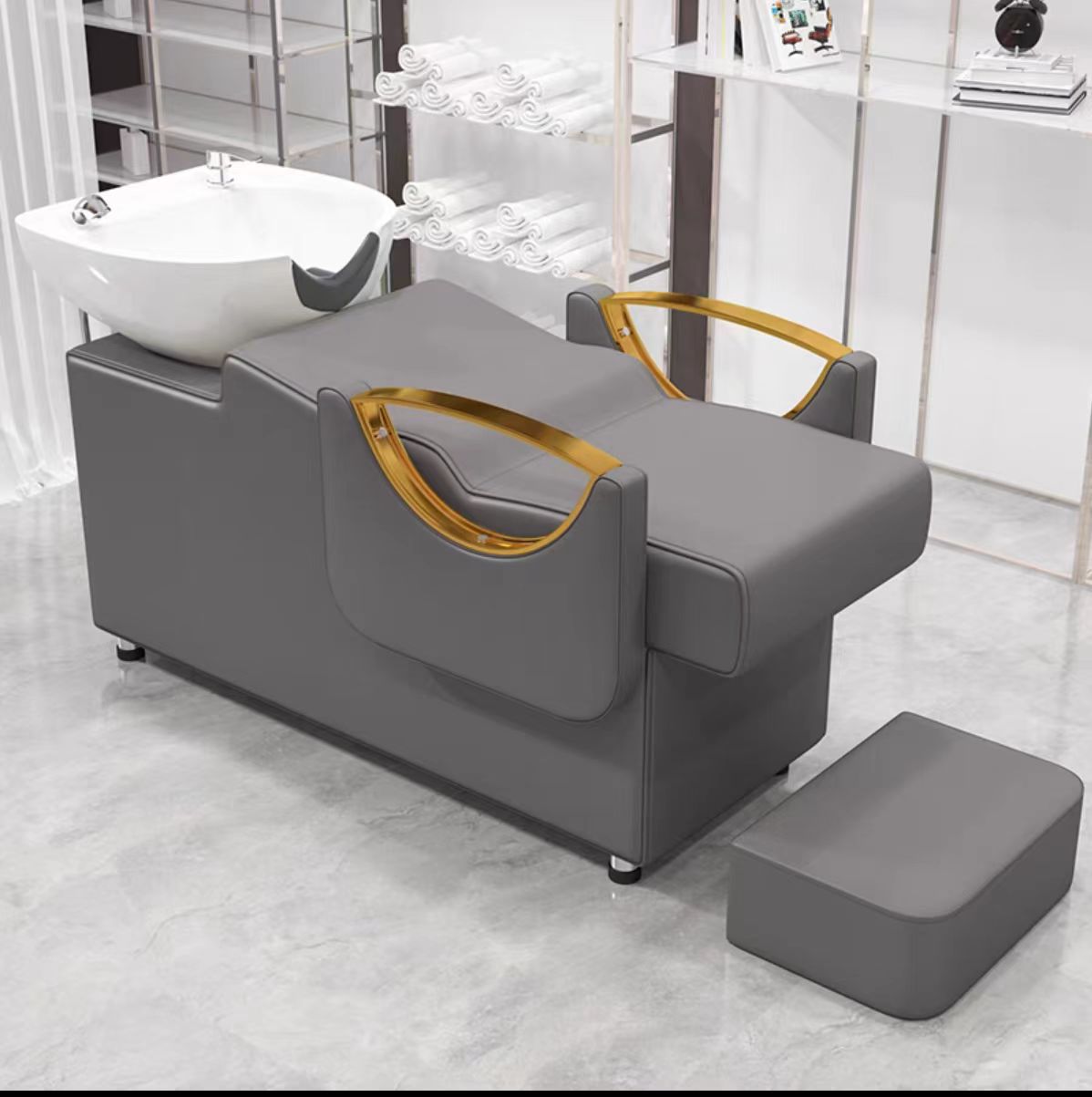 Cama de lavado de cabello para peluquería con reposapiés, lavabo de cerámica, cama de lavado de cabello semireclinable para peluquerías, cama de masaje y peluquería.